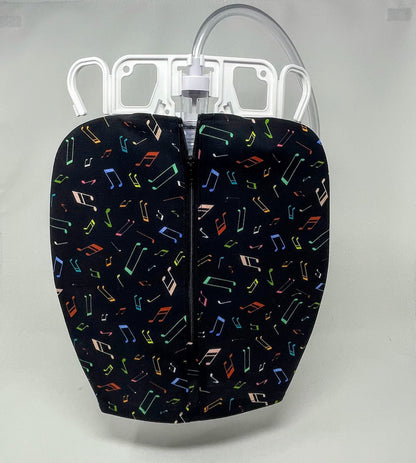 Hanging catheter bag cover to use day or night on 2000 ml volume closed system collection bags.
