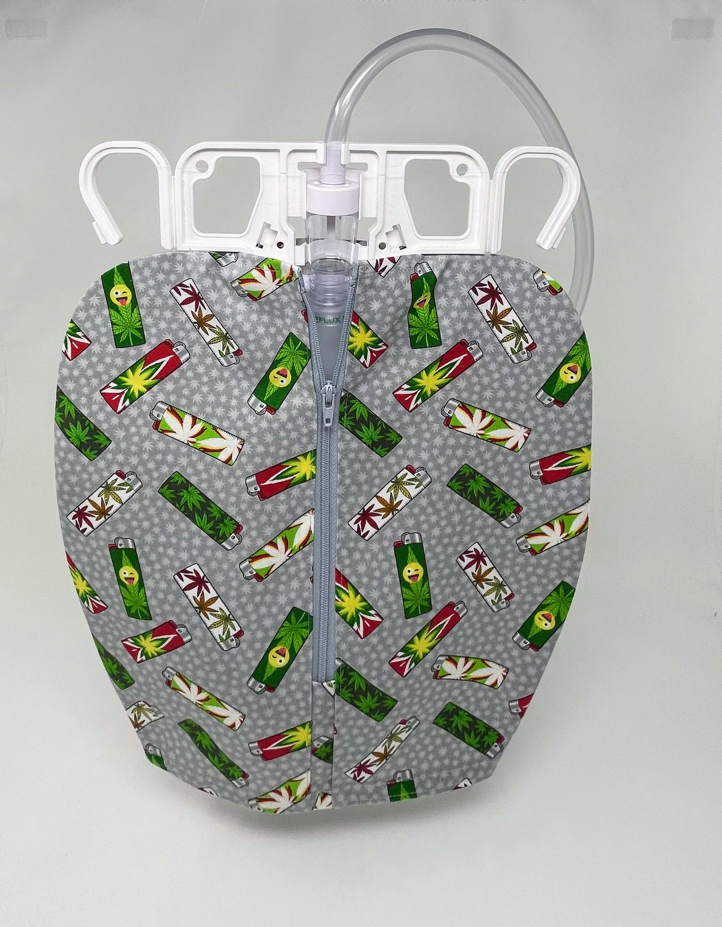 Joint lighters catheter bag cover, double hanger style. Weighted open hem for easy drain port access. Foley user dignity bag cover