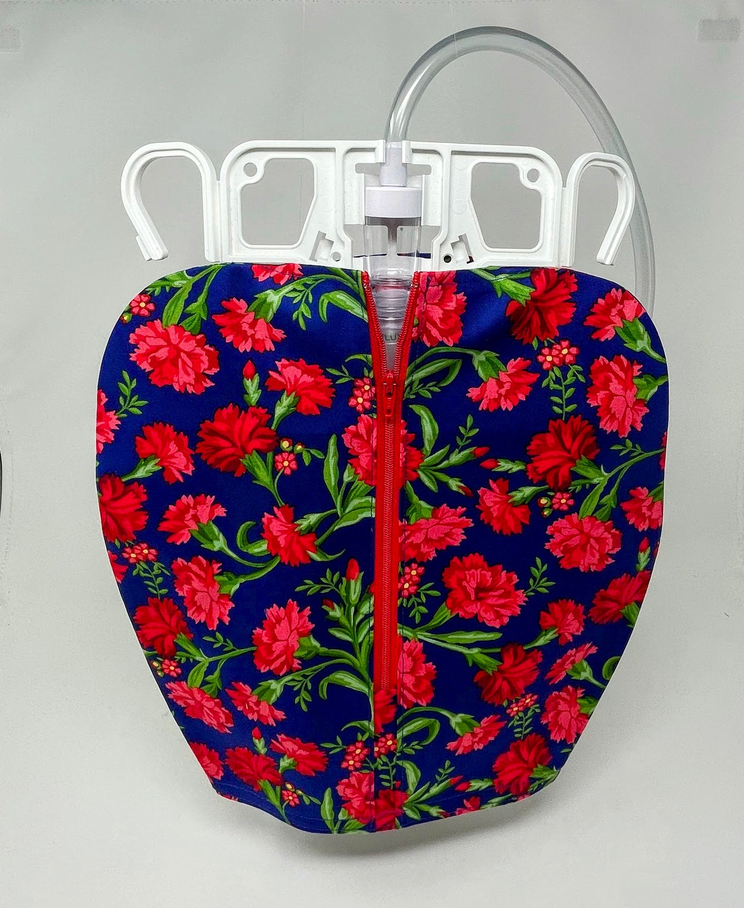 Red Carnations Urine Bag Cover: Zippered Cotton Foley Bag Protector