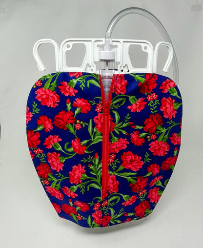Red Carnations Urine Bag Cover: Zippered Cotton Foley Bag Protector