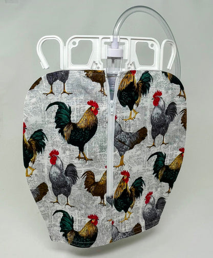 Roosters catheter bag cover for foley users. Discreet covering for urine or bile collection system. No need to remove cover to empty. Modest