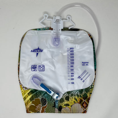Conceal catheter bag from view with this bright floral cover.  Use day or night. Private, modest and stylish way to hide collection contents. Tubing cover included.