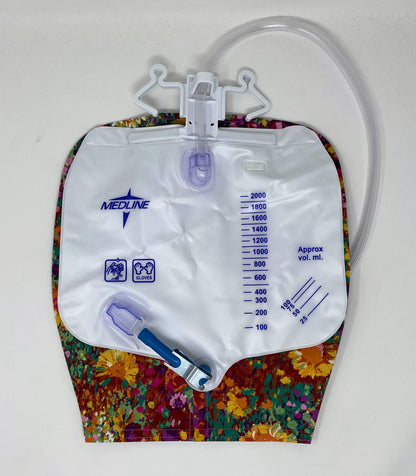 Bright floral catheter bag cover for 2000ml one or two hook hanger bag styles. Empty without removing cover. Zip front keeps cover in place.
