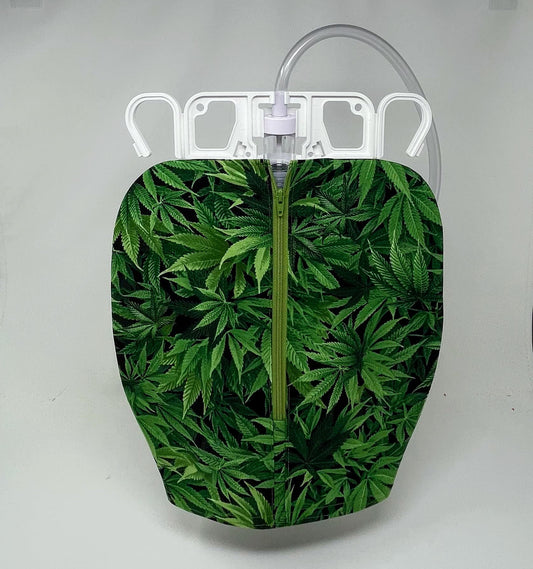 Marijuana leaf urine bag cover use with double hanger bag style Bard or Medline closed system drainage
