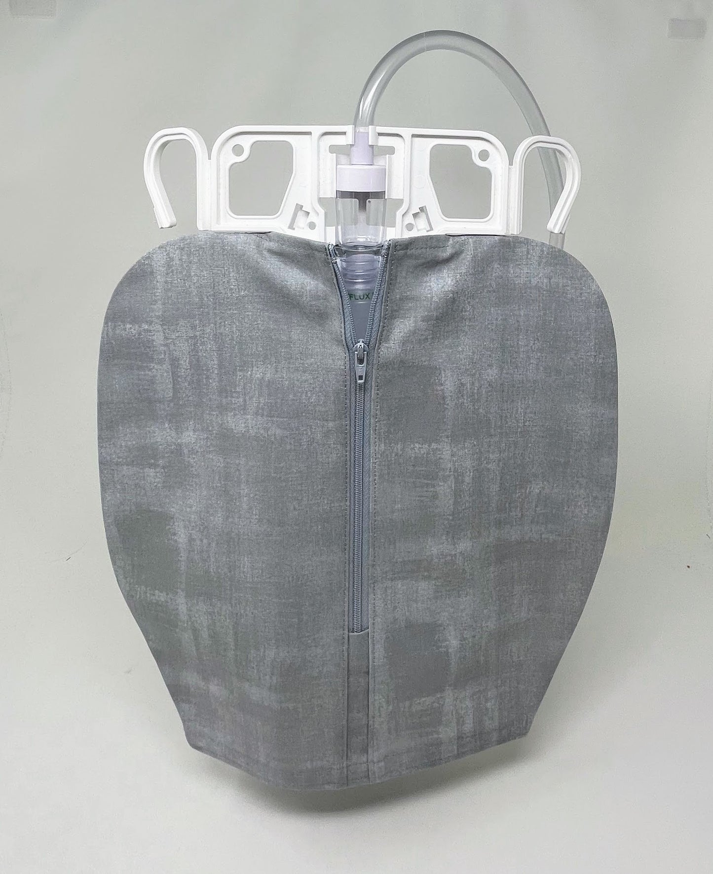 Heather catheter bag cover, double hanger style. Open hem for easy drain port access
