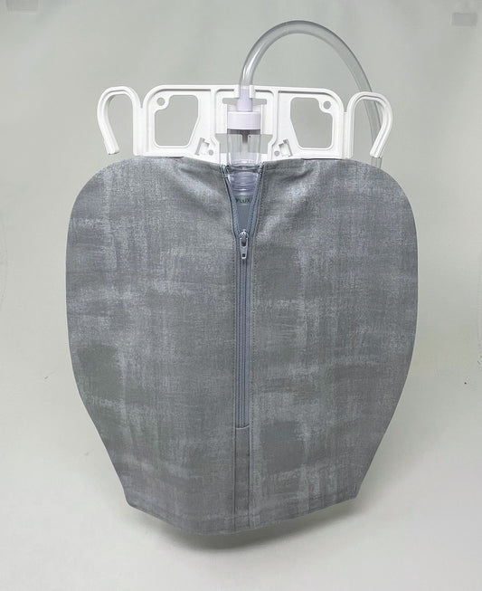 Heather catheter bag cover, double hanger style. Open hem for easy drain port access
