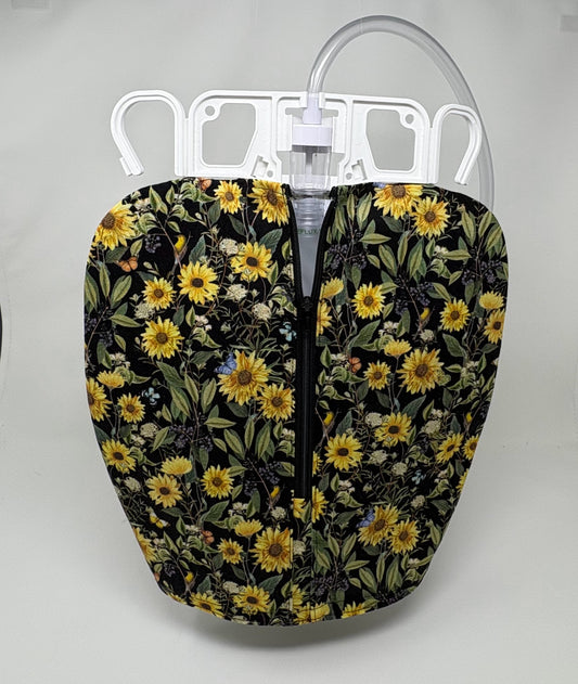 Mini Sunflower catheter bag cover for double hanger styles, zip closure, easy access to drain port
