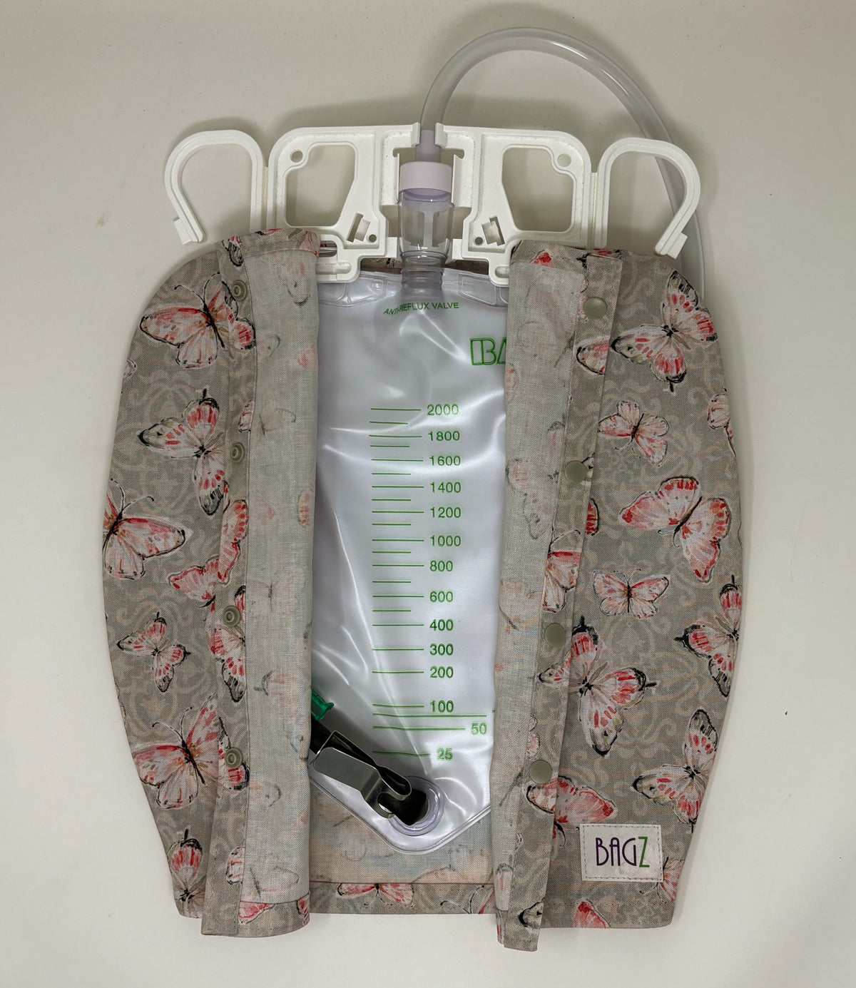 NEW Style Urine drain bag jacket, open front, snap closure. Fits double hanger Bard and Medline 2000ml catheter bags